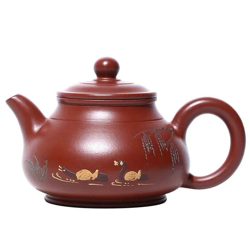 

Yixing Raw Ore Bright Red Robe Dark-red Enameled Pottery Teapot Famous Manual Sketch Mandarin Duck Jade Hat Teapot Tea Set