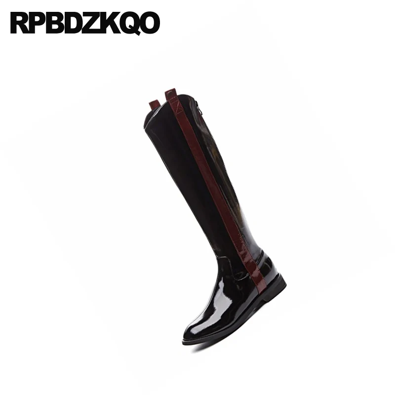 Размера плюс сапоги до колена черного цвета с широким бортиком Лакированная кожа