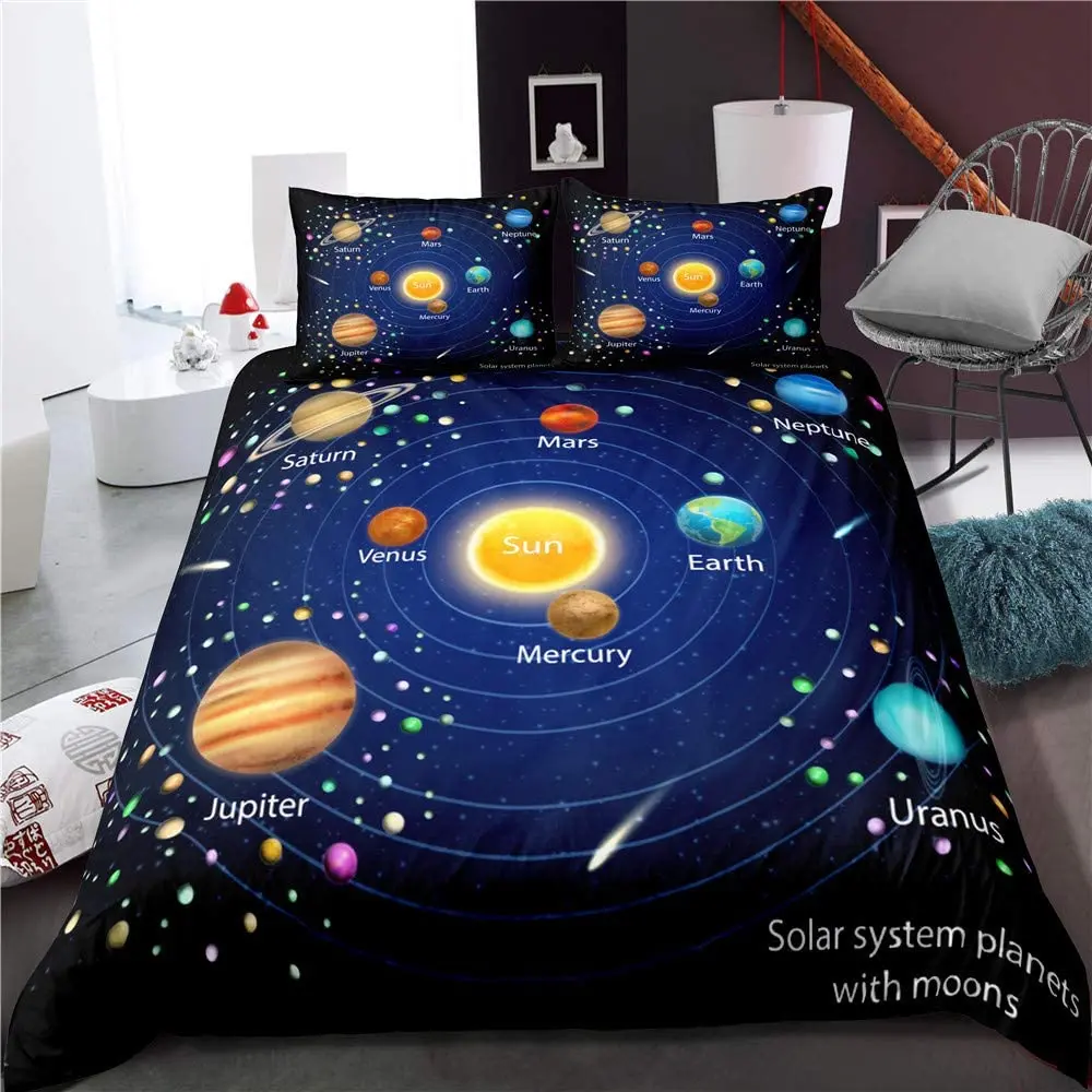 

Комплект постельного белья PATATINO MIO Kids Galaxy, с пододеяльником, 3D Солнечной системой, планетой с лунами, черный/синий, Прямая поставка, домашний ...