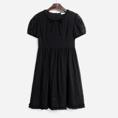 

han Ladies Puff Sleeve Dress Fine Check Sweet Lace Midi Dress