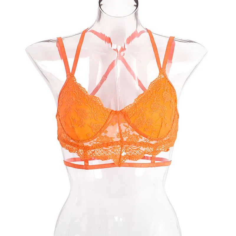 Оранжевый кружевной без косточек пикантный укороченный топ рукавов Летние