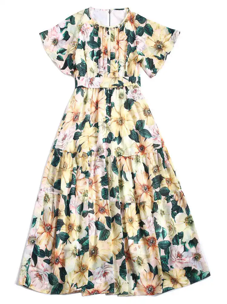 

Summer Women's Dress Runway Retro Camellia Print Neckline Nail Drill Elegant Temperament Vacation Long Dress