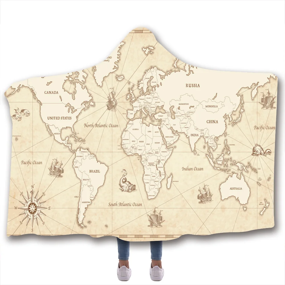 3D Карта мира цифровое одеяло с капюшоном рисунком детальное голубое дно