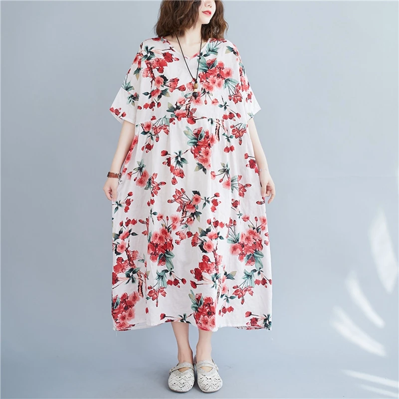 

Summer New Plus Size Women's Clothing Fat MM Loose Comfortable Fashion Short-sleeved Long Dress Retro Floral Print Beach Dresses