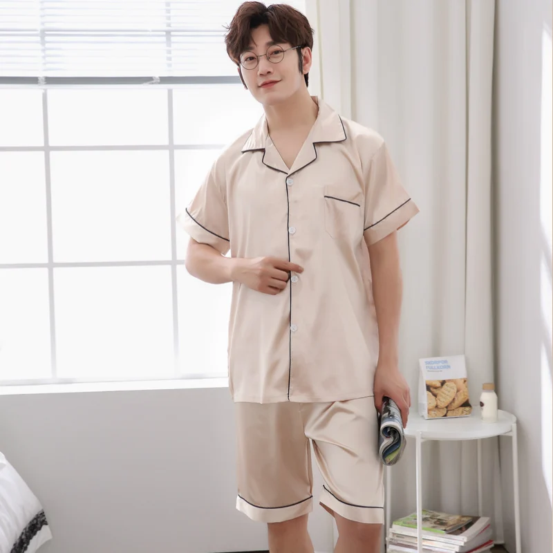 CAIYIER Summer Stripe Silk Satin Men Pajamas Set Short Sleeve Elastic Waist Shorts Sleepwear Men's Soft Cool Leisure Home Wear