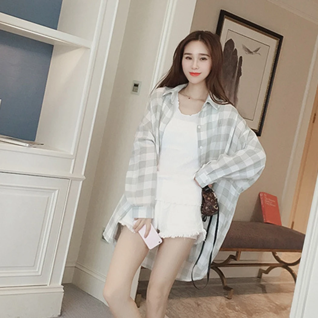 2019 Весна большая клетчатая рубашка Женская Корейская Толстовка Harajuku тонкий Blosue