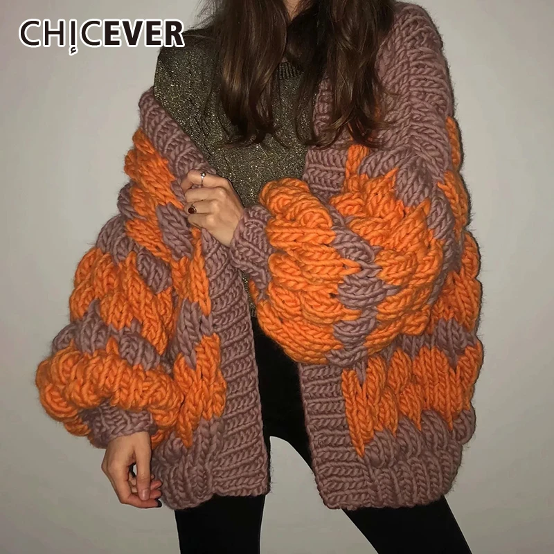 CHICEVER Hit Color Sweater For Women V Neck Lantern Long Sleeve Oversize Cardigans Female Autumn Winter Fashion New 2020 Clothes |