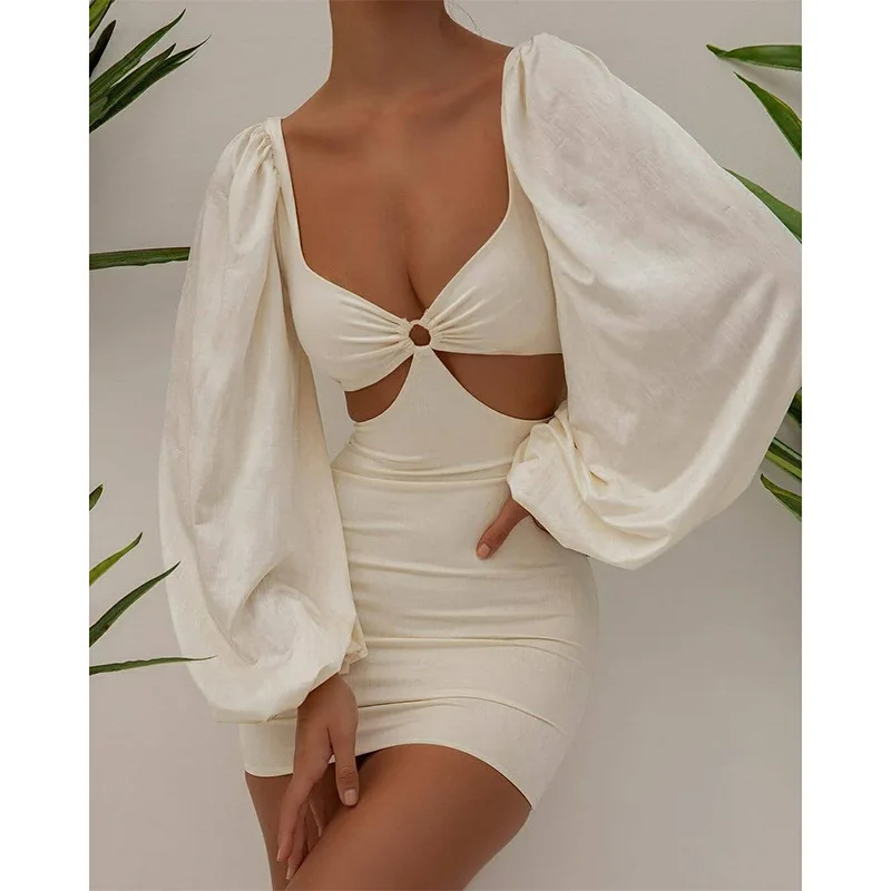 

Puff Sleeve Hollow Out V Neck Sexy Bodycon Bandage Women Dress 2021 Summer Fashion Female Party Long Sleeve Dresses