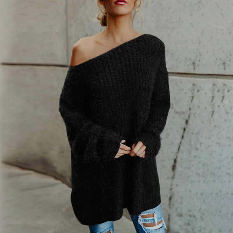 Women Autumn Winter One Shoulder Sweater Plus Size Loose Fit Plush Pullover SEC88 | Женская одежда