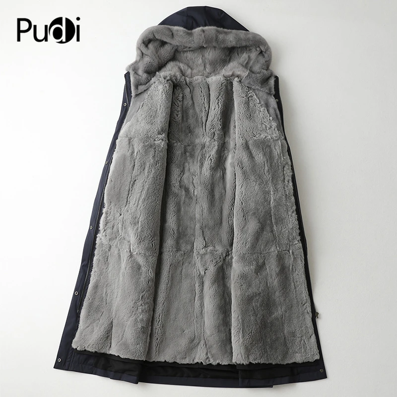 PUDI A49010 Женское зимнее пальто из хлопковой ткани, натуральный кроличий мех, теплая куртка, норковый меховой воротник, пальто для девочек, Женская длинная куртка, пальто