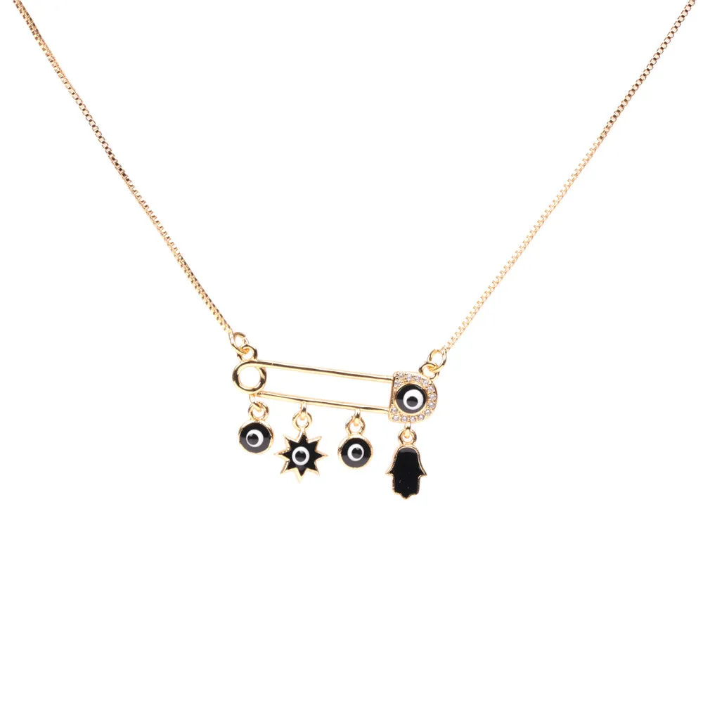 

AAA Zircon Fatima Hand Evil Eye Pin Charm Enamel Necklace For Women Copper Gold Plated Chain Star And Round Pendant Jewelry Gift