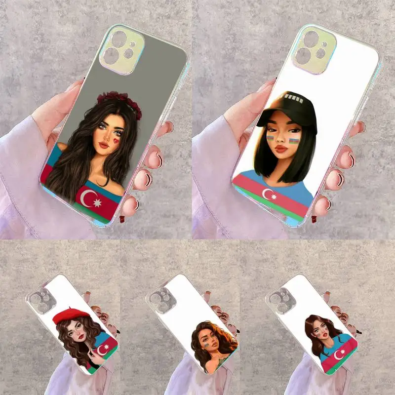 

Azerbaijan Flag girl Phone Case for iPhone xiaomi redmi 7 8 9 11 12 10 S X XS XR MINI Pro Max Plus laser Transparent