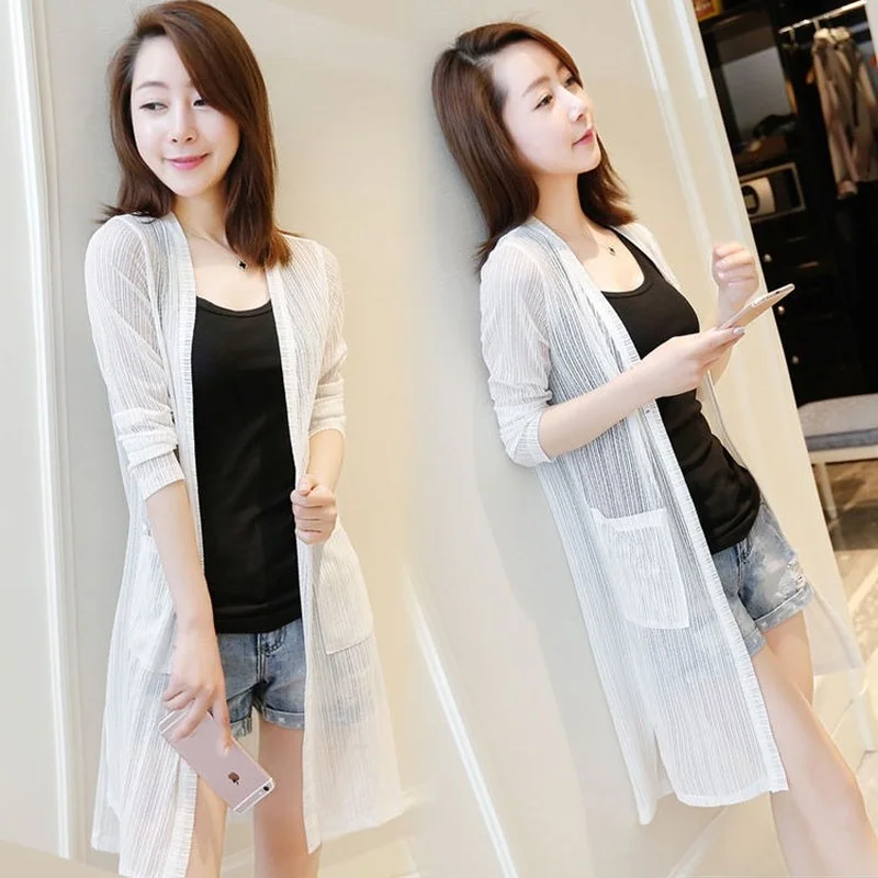 

Женская летняя кружевная сетчатая блузка 2023, прозрачный длинный кардиган с защитой от солнца, Женский Повседневный Топ-шаль с длинным рукавом Y952