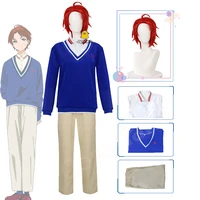 anime wonder egg priority momoe sawaki cosplay costume short red wig blue sweater white shirt christmas halloween party outfit