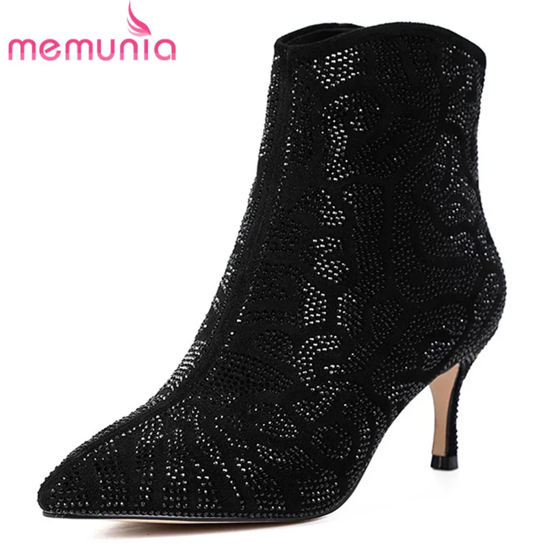 

MEMUNIA 2020 top quality suede leather ankle boots women crystal pointed toe elegant party wedding shoes ladies short boots