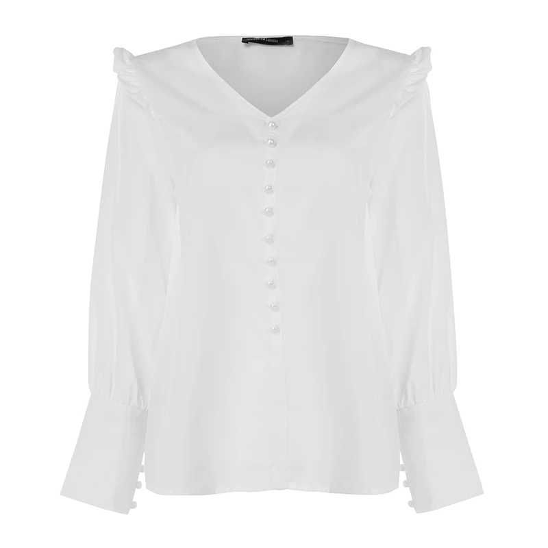 Белый Autumn Women Shirts Blouses Celmia Sexy V Neck Long Sleeve Casual Solid Ruffled Tunic Top Button Plus Size Blusas Femininas - Цвет: Белый