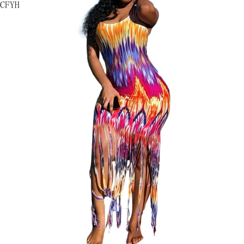 Летнее пляжное стильное платье с кисточками круглым вырезом без рукавов