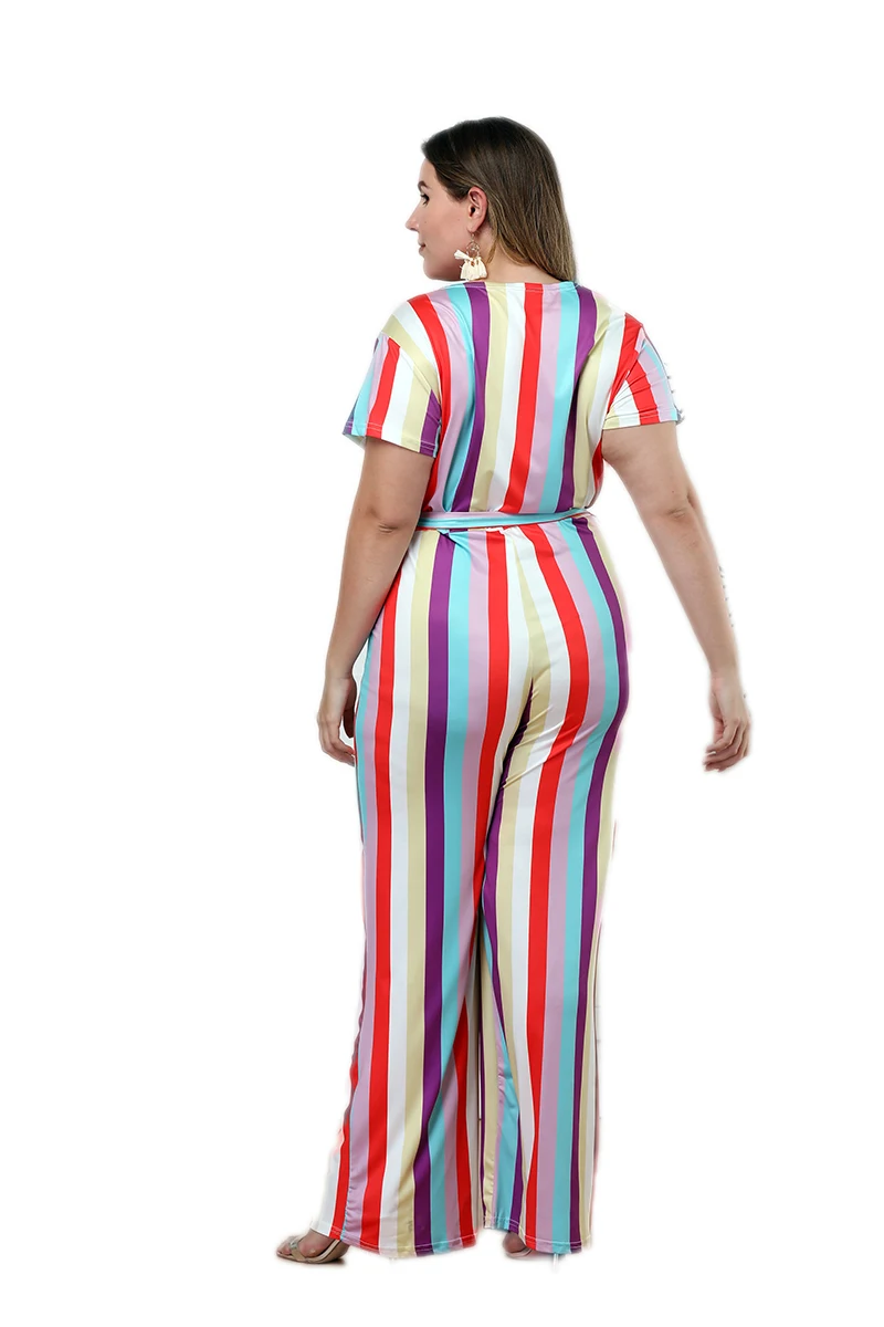 

2019 Summer New Women Jumpsuit Large Size Women's Short Sleeve V-neck Casual Striped Jumpsuit Trousers