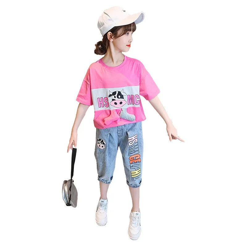 

Color Matching Children's Suit Female 2021 Summer New Cropped Jeans Two-Piece Set Girl Cartoon Sports Outdoor Casual