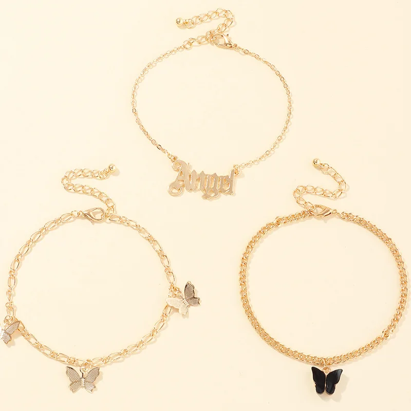 

3pcs/set Bohemian Multilayer Butterfly Anklets Letter Angel Acrylic Alloy Anklet for Women Fashion Foot Chain Bracelet Jewelry