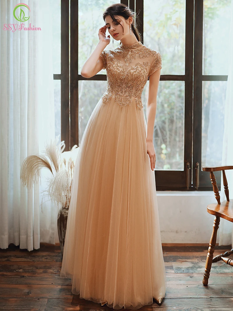 SSYFashion Новое роскошное вечернее платье для банкета цвета шампанского золотистого