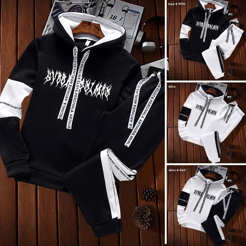 Patchwork Men Tracksuit Hoodies Sweatshirt and Pants Sets Pullover Hooded Sweatshirts White Black Casual Suit Male Outfits 2021 | Мужская
