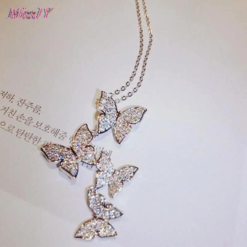 Серебряное ожерелье с несколькими цирконами в виде бабочек и кулоны для женщин CZ