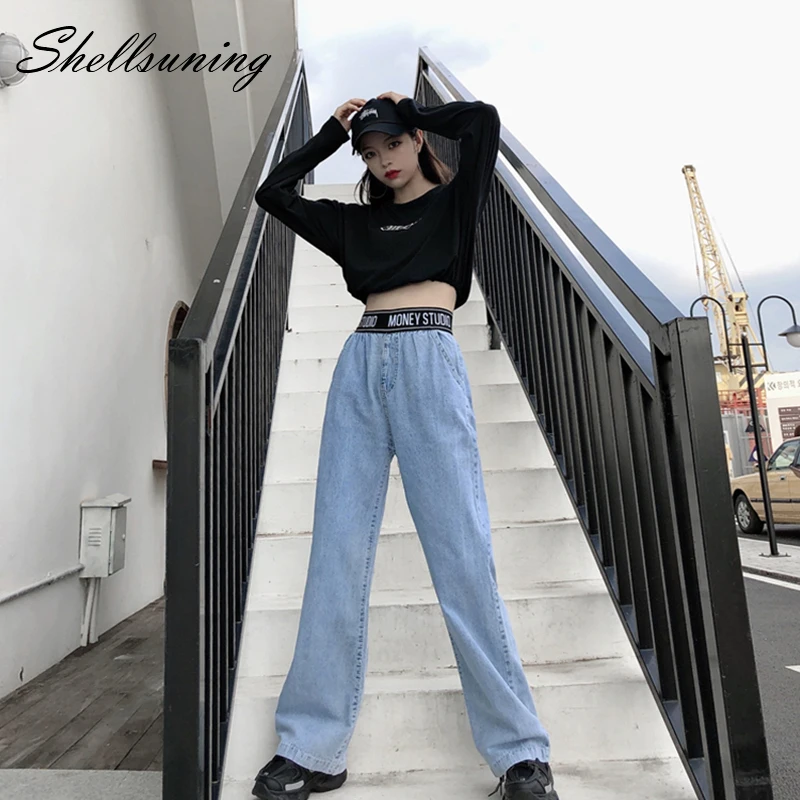 Shellsuning Straight Jeans Women High Waist Elastic Band Autumn Harajuku New Loose Wide Leg Letter Streetwear Trousers | Женская одежда