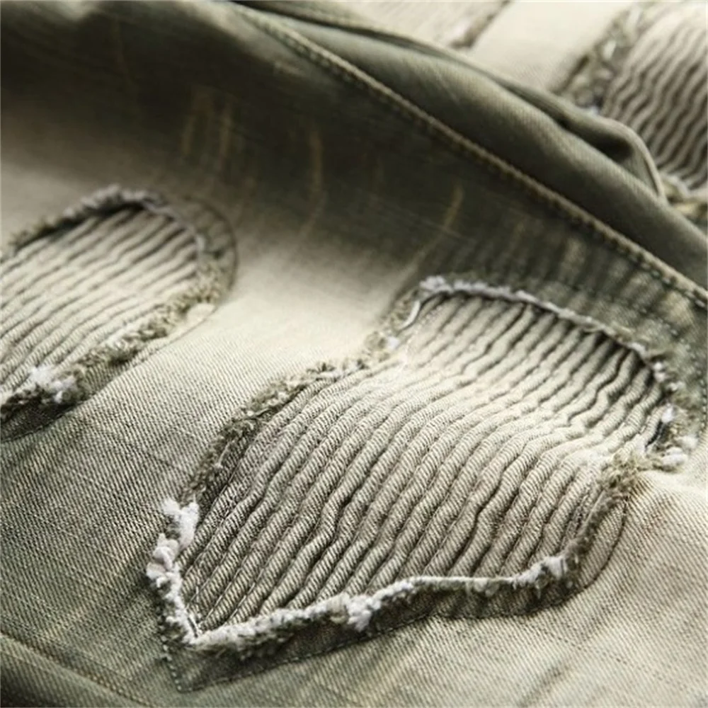 EH·MD® Pleated Hole Patch Army Green  Jeans Men's Cotton Soft Small Straight High Street Personalized Slim Pants Motorcycle New