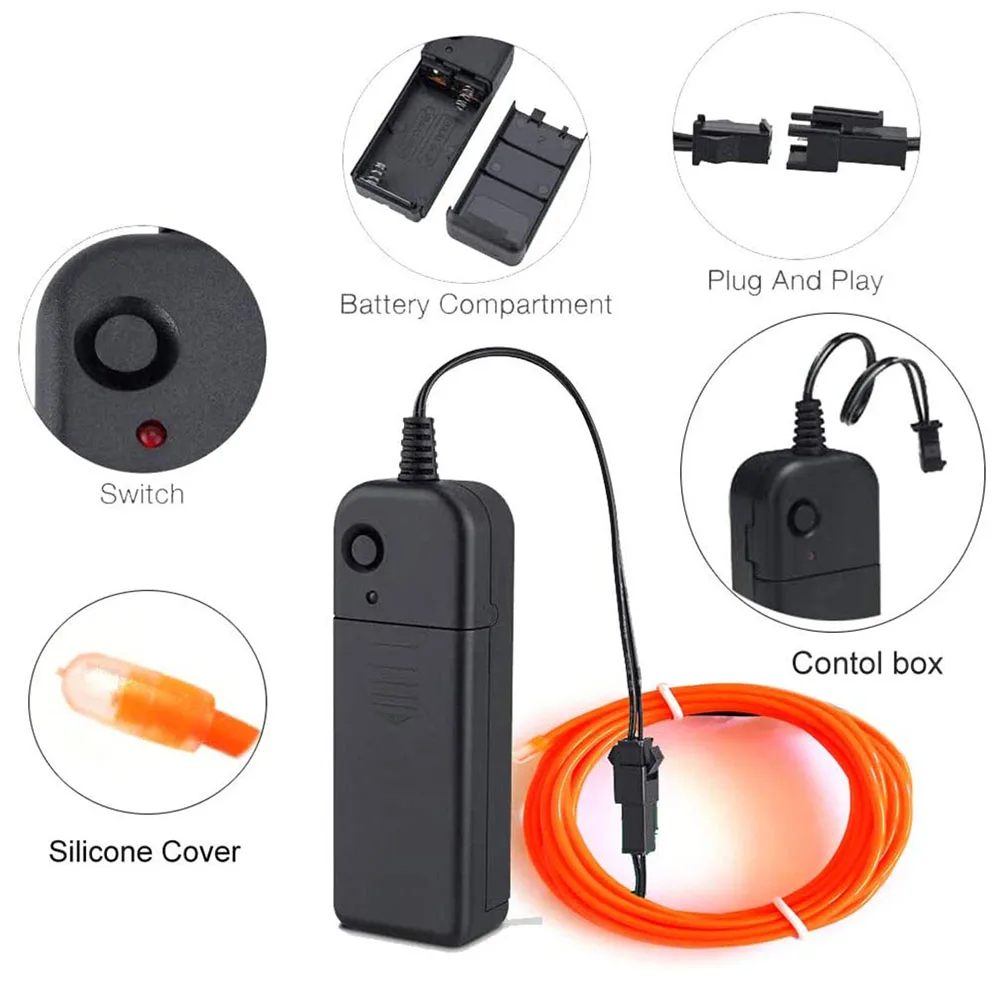 

5m3V EL Flexible Luminous Line Rope Tube Neon Light Glow Ultra-bright EL Cold Light Battery Box Set DIY Costumes Clothing Decor
