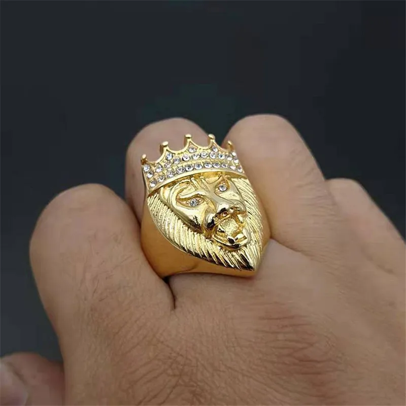 Хип Хоп Мужская голова льва в короне кольцо с фианитом золотого цвета из