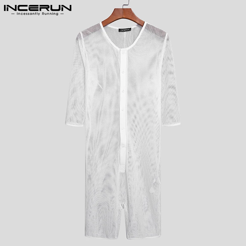 

Men Mesh Pajamas Rompers See Through Homewear Half Sleeve Sexy Jumpsuit Leisure Breathable Men Nightwear Playsuits INCERUN S-5XL