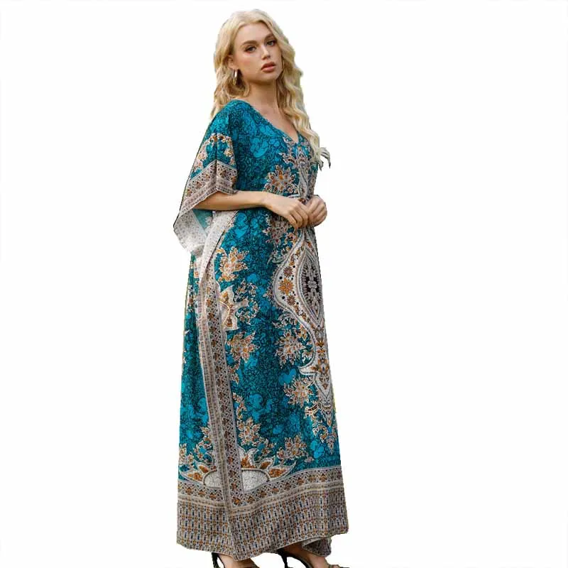 

2021 Bohemian Dress Women Floor Length Batwing Sleeve V-Neck Gold Print High Elastic Silk Elegant New Summer Elastic Silk Floor