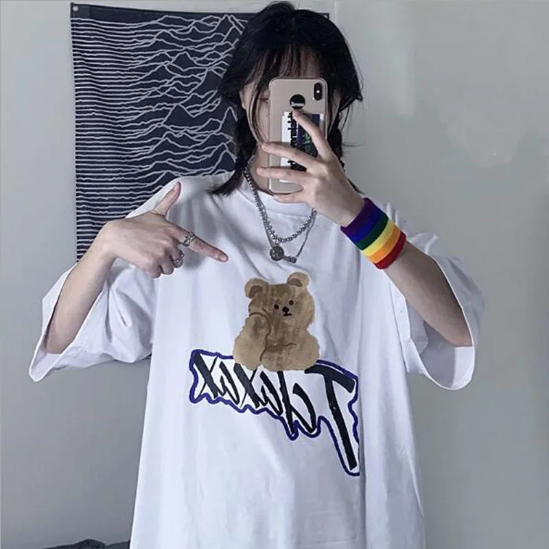 

Spring Summer New Tshirt Women Cute Print Short Sleeve Round Neck Cotton Spandex Women Tops Loose Woman T shirt