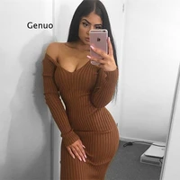 sexy knitted long sleeve dress women autumn winter slim warm off shoulder dresses strapless backless 2022 female