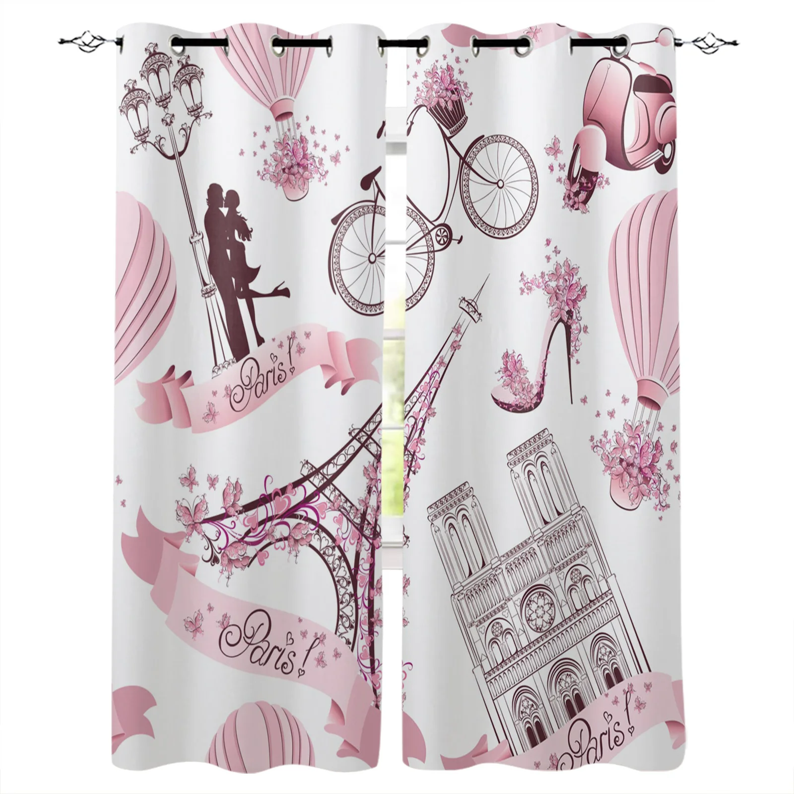 Pink Eiffel Tower High Heels Flower Hot Air Balloon Bicycle Living Room Curtains Floral Design Curtain for Kids Bedroom Window