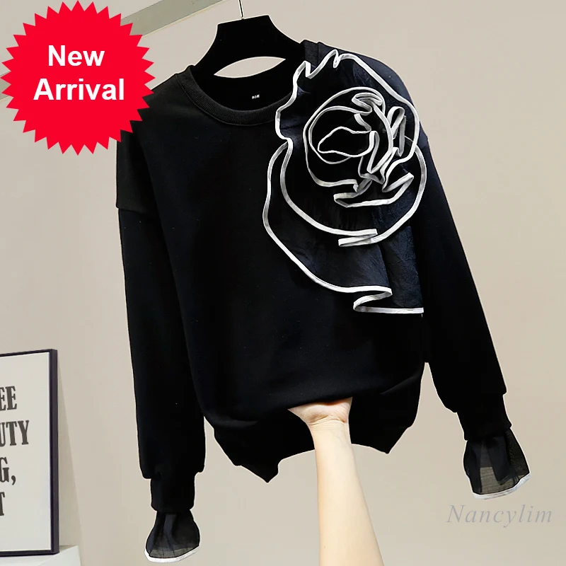 

Three-Dimensional Large Flower Hoodie Women Round Neck Pullover Patchwork Bell Sleeve Sweatshirt Lady Trendy White Black