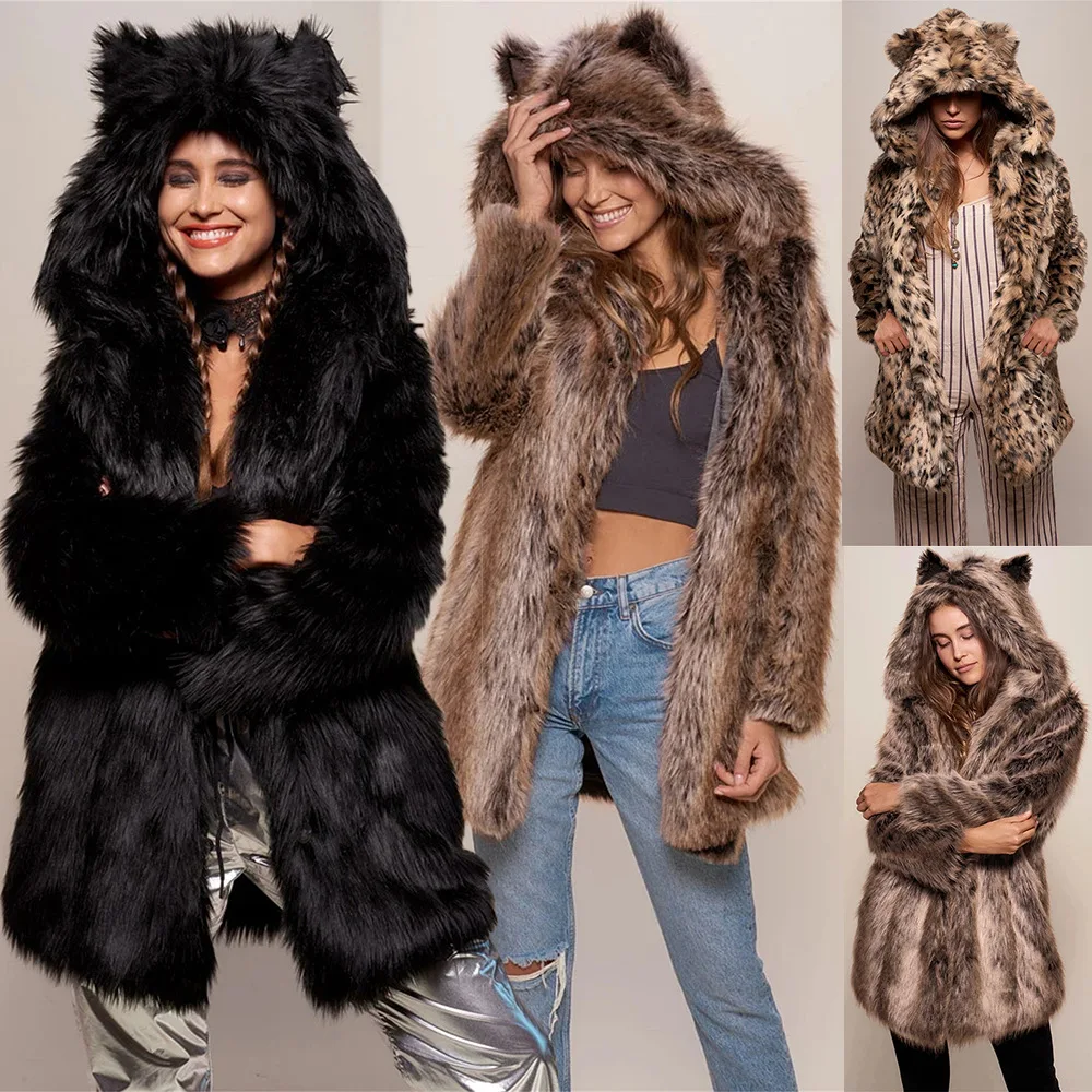 Winter Faux Fur Coat Animal Ears Special Hat Long Leopard Print Snap Button Long Sleeve Home Clothes Mature Beauty Student Warm