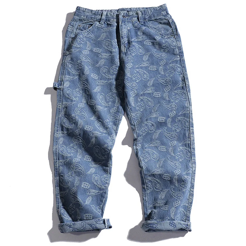 

Men Spring Fall Japan Style Cashew Nut Flower Embroidery Vintage Black Jeans Hip Hop Casual Loose Denim Pants Baggy Trouser Male