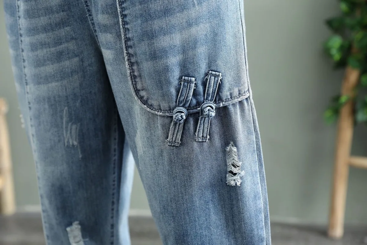 

Women's Wide Leg Blue Jeans Casual Patchwork Harem Denim Pants