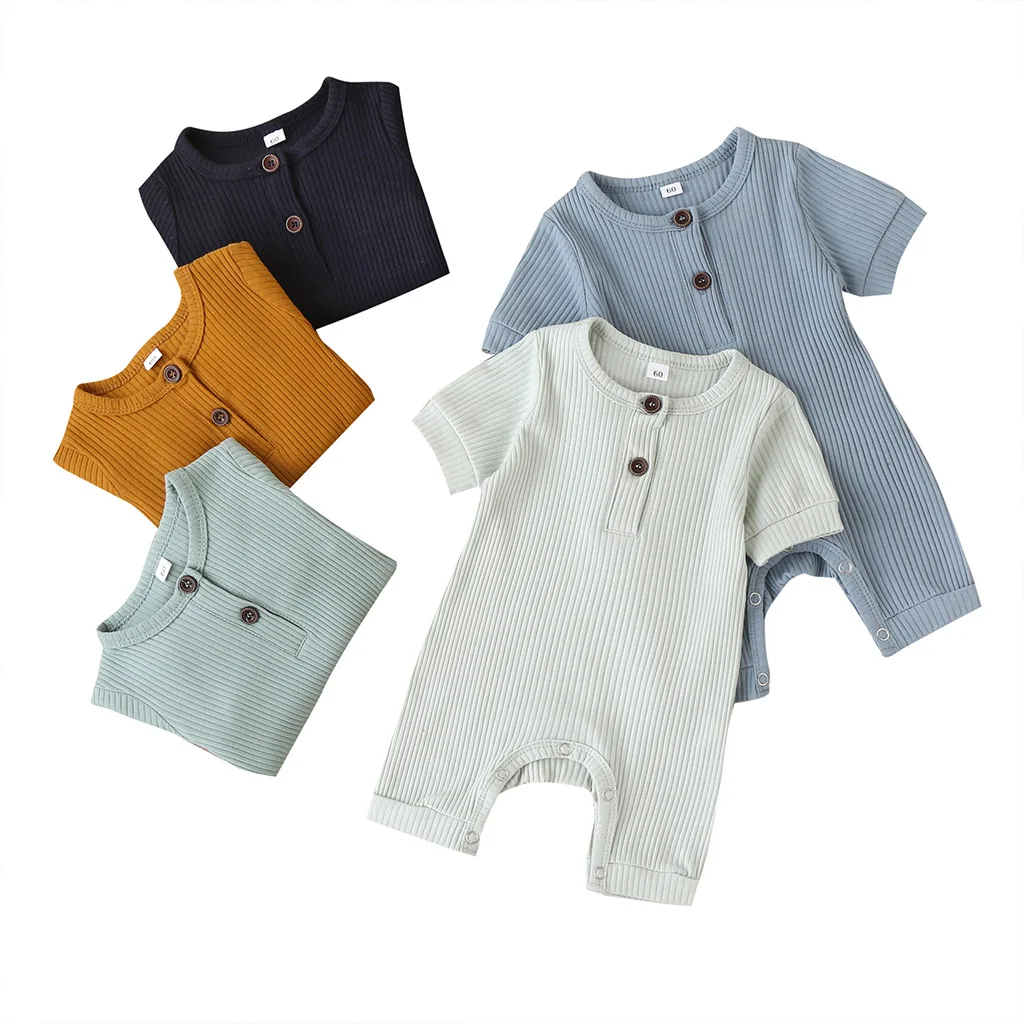 

2020 Baby Summer Clothes Newborn Baby Girl Boy Ribbed Solid Romper Short Sleeve Jumpsuit Knitted Stylish Cotton Sunsuit