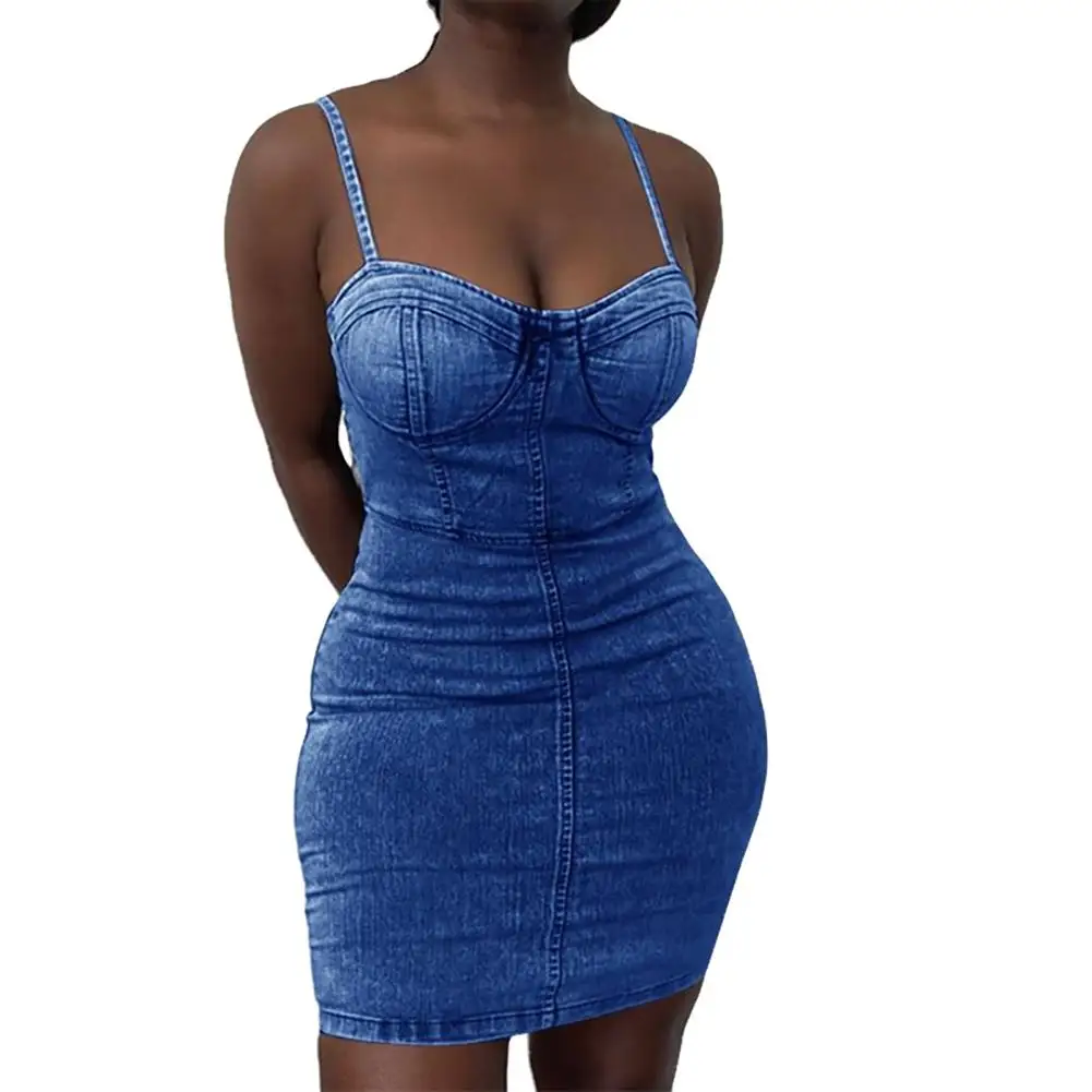 

Women Denim Dress Sexy Solid Spaghetti Straps Waist Tight Bodycon Dresses For Streetwear Patchwork Sleeveless Backless Dress