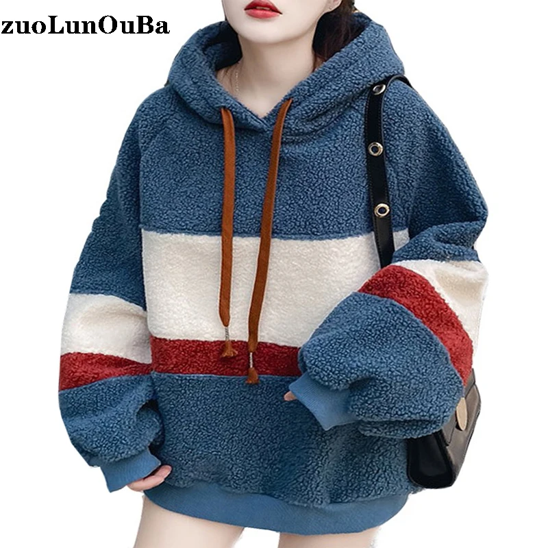 

Winter 2020 Explosion Models Plus Velvet Thick Ladies Hoodie Stripes Stitching Personality Contrast Color Loose Women Pullover