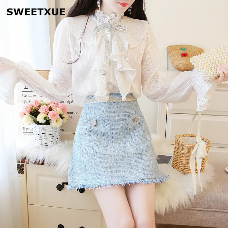 SWEETXUE/осенний твидовый костюм с юбкой милый женский комплект из 2 предметов белая