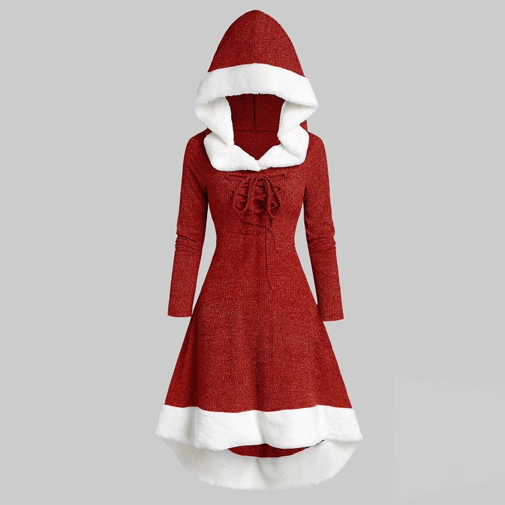

2021 Christmas Women Solid Red Lace Up Hooded A-Lined Dress Long Sleeve Slim Fit Knee-Length Dress Winter Party Festival Vestido