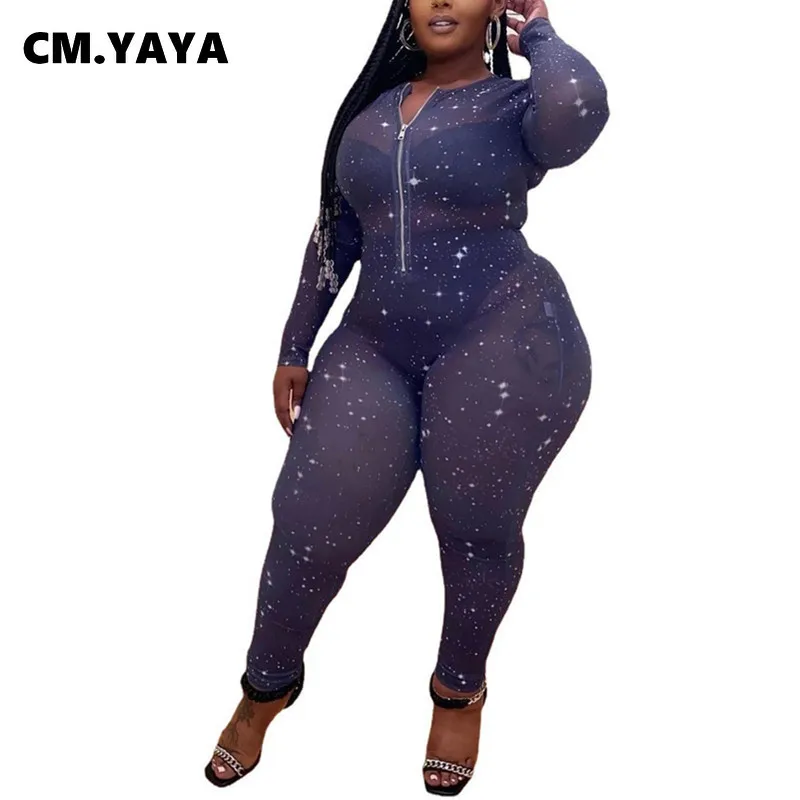 

Женские комбинезоны CM.YAYA большого размера, сетчатые прозрачные эластичные облегающие комбинезоны с принтом, сексуальные модные цельные ко...