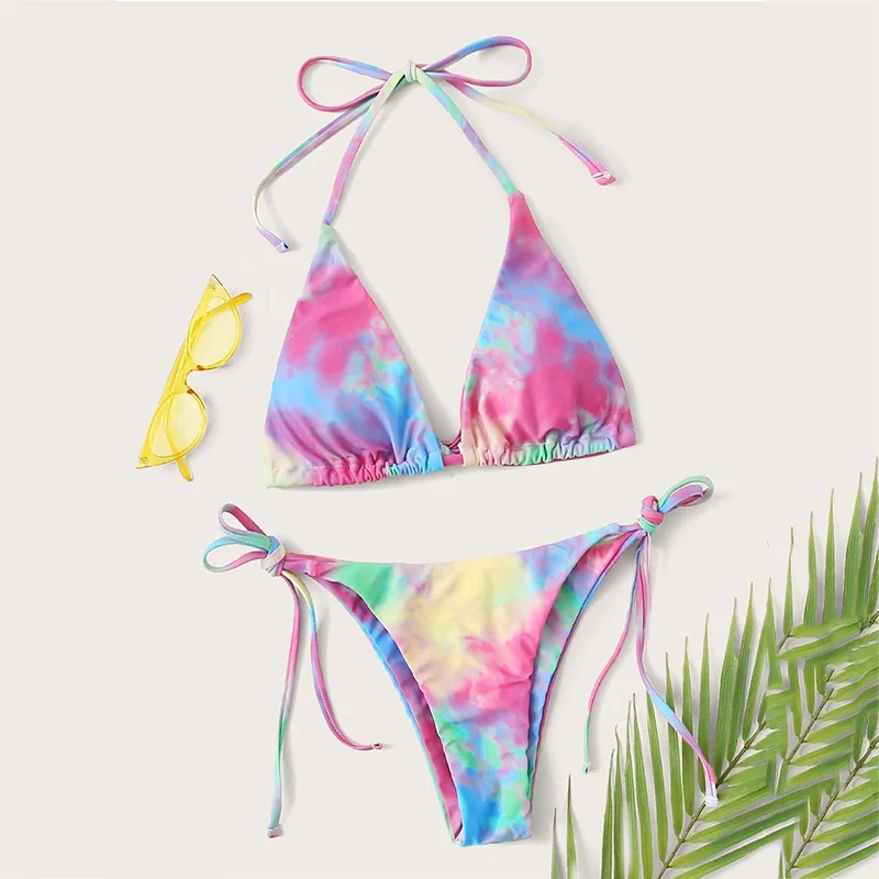 

Fors Tie-dye swimsuit Halter Triangle swimwear women Sexy micro bikini set Bandage swim suit High cut bathing suit Swim wear