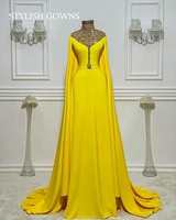 yellow o neck mermaid evening dresses with cape beaded party wear formal long prom dress robe de soiree