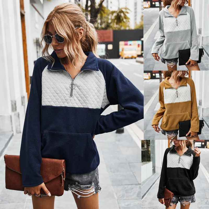 

2020 Autumn and Winter New Hoody Women's Lapel Long-Sleeve Fashion Color Block Hoody Elegant Slim Slimming Hoodies Top S-XL