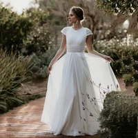bohemian wedding dress 2021 short sleeves o neck lace applique a line high quality chiffon elegant wedding gowns sashes cheap